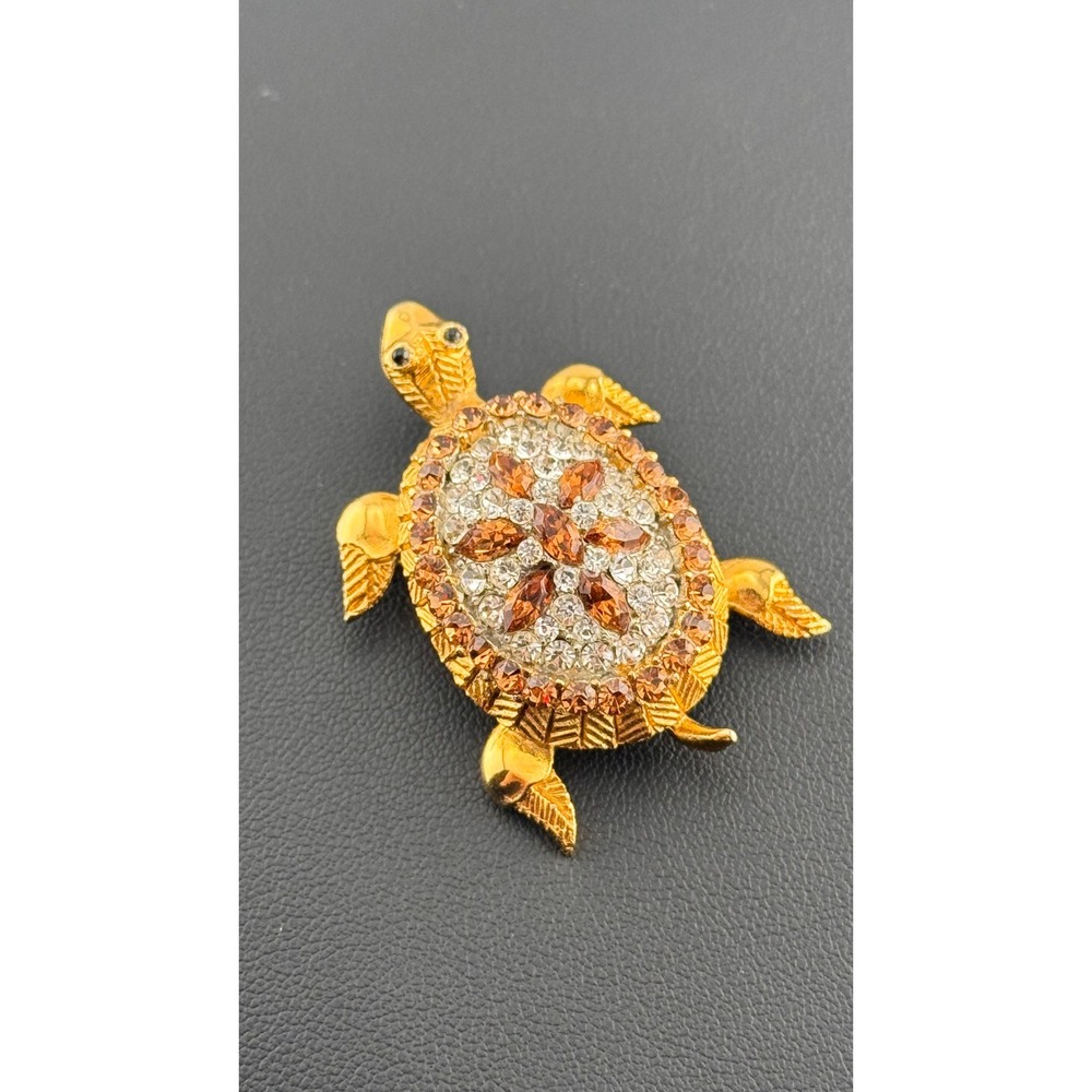 Vintage JJ Turtle Brooch Brown Clear Rhinestone Gold Tone Pin